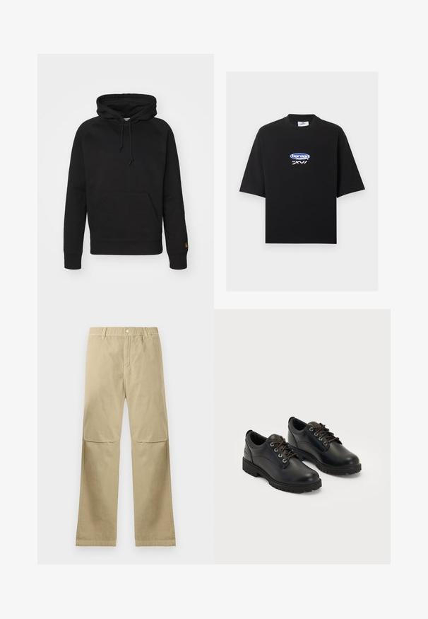 Sort hættejakke i blødt stof, med en frontlomme, justerbar snor og ribbede manchetter. Glat tekstur med minimal detaljer.; Sort oversized T-shirt med korte ærmer, med en blå og hvid "bareen MM XVI" logo centralt på brystet.; Beige lige bukser med trykknaplukning, bæltestropper og syninger ved knæene, liggende fladt på en hvid baggrund.; Sorte lædersko med rund tå, snørebåndsdesign, grå syninger og teksturerede detaljer. Har en tyk gummisål for godt greb.