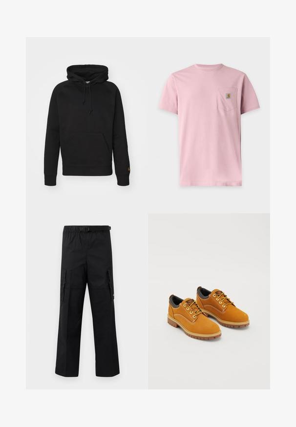 Sort hættejakke i blødt stof, med en frontlomme, justerbar snor og ribbede manchetter. Glat tekstur med minimal detaljer.; Ensfarvet lyserød t-shirt med korte ærmer og en brystlomme med et lille rektangulært Carhartt-logo.; Sorte cargo-bukser med bred ben-design, justerbar talje med spænde og to sidelommer til opbevaring. Letvægtsstof.; Brune ruskindssko med rund tå, gule snørebånd, en polstret sort krave og gummisåler med skridsikre riller.
