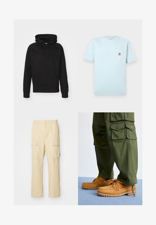 Haut à capuche noir en tissu doux, avec une poche avant, un cordon de serrage ajustable et des poignets côtelés. Texture lisse avec un minimalisme dans les détails.; T-shirt bleu clair à manches courtes et col rond avec une poche poitrine ornée d'un petit patch logo Carhartt brun et orange.; Pantalons cargo beiges en tissu avec une taille élastique et une fermeture à bouton. Dotés de deux poches latérales et d'un design simple.; Timberland AUTHENTIC 3 EYE - Chaussures bateau - wheat