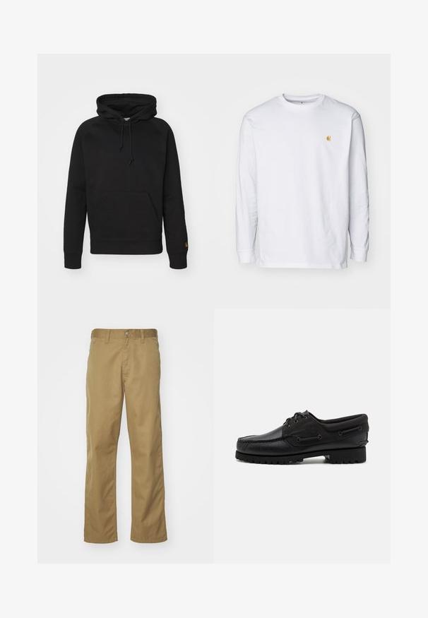 Sort hættejakke i blødt stof, med en frontlomme, justerbar snor og ribbede manchetter. Glat tekstur med minimal detaljer.; Hvid langærmet t-shirt lavet af bomuld. Har et lille gyldent logo på brystet og en rund halsudskæring. Enkel design og standard pasform.; Khaki chinos med lige bendesign, lavet af glat bomuldsstof. Har en knaplukning foran og sidelommer.; Sort sko med overdel i læder, tekstilaccentuer, runde snørebånd og en tekstureret gummisål. Udstyret med mokkasinsyning og branddetalje.