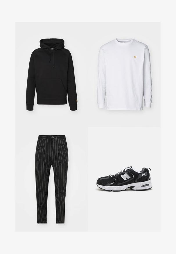 Sort hættejakke i blødt stof, med en frontlomme, justerbar snor og ribbede manchetter. Glat tekstur med minimal detaljer.; Hvid langærmet t-shirt lavet af bomuld. Har et lille gyldent logo på brystet og en rund halsudskæring. Enkel design og standard pasform.; Sorte pinstribede bukser med en skræddersyet pasform, der har lukning med frontknap, bæltestropper og en glat stofstruktur.; Sorte og grå sportssko med mesh og ruskind på overdelen, der har en hvid mellemsål, snørebånd og et iøjnefaldende "N" logo på siden.