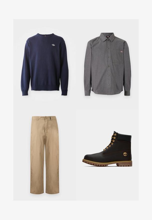 Mørkeblå strikket crewneck sweater med ribbede manchetter og kant. Har et lille logo på brystet og en blød tekstur.; Grå skjorte med knapper, silkeagtige hvide striber, lange ærmer, en brystlomme og en klassisk krave. Fremstillet af slidstærkt stof.; Beige bukser med lige ben, bæltestropper, knaplukning og lynlås, vist på en ensfarvet lys baggrund.; Sorte læder ankelstøvle med gyldne øjer, brune detaljer og gummisål. Har en polstret krave og præget logo på siden.
