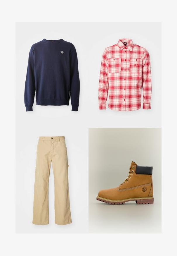 Pull en maille bleu marine à col rond avec des poignets et un ourlet côtelés. Il présente un petit logo sur la poitrine et une texture douce.; Chemise en flanelle à carreaux rouges et blancs avec des manches longues, fermeture à boutons sur le devant, deux poches poitrine et une étiquette sur la gauche. Texture douce.; Pantalons cargo larges beiges avec fermeture à bouton, dotés de poches latérales, fabriqués en coton robuste, avec une texture lisse et un design droit.; Bottine en cuir marron avec col noir, lacets jaunes et semelle beige. Présente un logo et des détails de couture blanche. Semelle extérieure à traction robuste.
