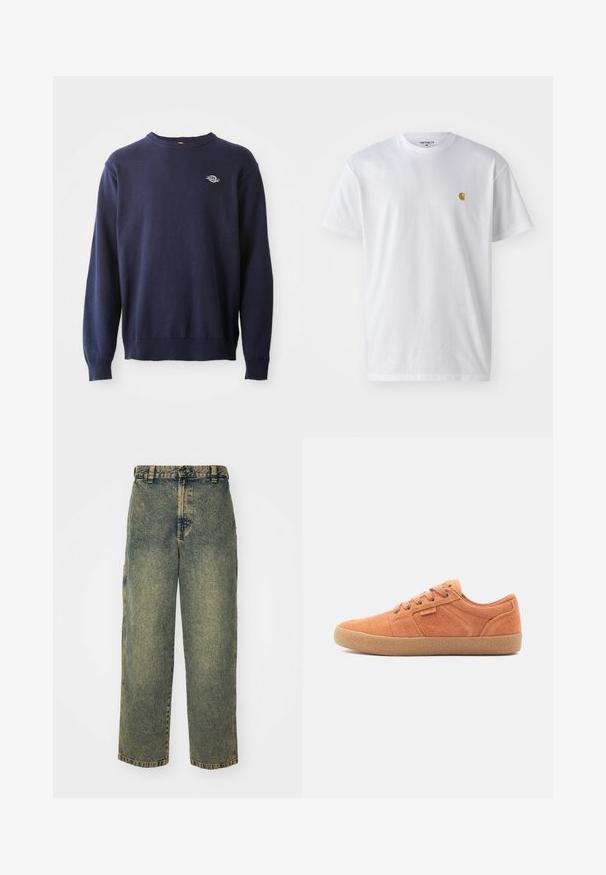 Mørkeblå strikket crewneck sweater med ribbede manchetter og kant. Har et lille logo på brystet og en blød tekstur.; Hvid bomulds t-shirt med korte ærmer, rund hals og et lille guld logo på venstre brystområde. Blød tekstur og almindelig pasform.; Slidse denim jeans i en falmet blå og grøn vask. Har en knaplukning, bælteløkker og sidelommer. Flad front og lige ben-design.; Tan ruskinds sneakers med en tekstureret overflade, rund tå og gummisål. Har snørebåndsdesign og syede detaljer på siderne.