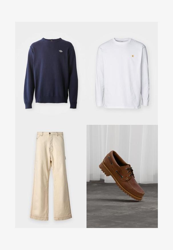 Pull en maille bleu marine à col rond avec des poignets et un ourlet côtelés. Il présente un petit logo sur la poitrine et une texture douce.; T-shirt à manches longues blanc en coton. Présente un petit logo doré sur la poitrine et un col rond. Design simple et coupe standard.; Pantalons beige à jambe large en coton avec une fermeture à glissière et un bouton, dotés de coutures contrastées et de poches latérales.; Chaussure de bateau en cuir marron avec des lacets noirs, des coutures beiges et une semelle robuste, suspendue au-dessus d'un sol en béton gris.
