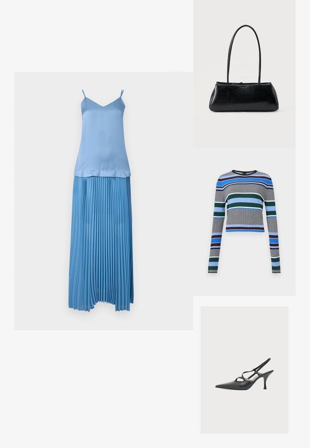 Pull en maille côtelée à manches longues avec des rayures horizontales bleu, vert, noir, blanc et marron sur fond gris.; Haut bleu sans manches avec bretelles spaghetti associé à une longue jupe plissée assortie sur fond blanc.; Chaussure à talon haut en cuir noir avec bride arrière, bout pointu et fines brides croisées maintenues par une petite boucle argentée.; Sac à épaule rectangulaire noir avec de longues bretelles fines et une texture lisse et brillante sur un fond uni.