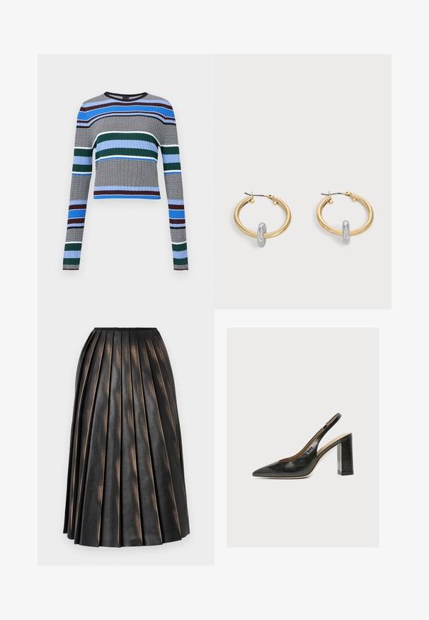Pull en maille côtelée à manches longues avec des rayures horizontales bleu, vert, noir, blanc et marron sur fond gris.; Jupe midi plissée noire avec une finition texturée légèrement brillante et un petit logo près de la ceinture.; Chaussure slingback femme en cuir noir avec bout pointu et talon bloc épais et haut sur fond blanc.; Paire de boucles d'oreilles créoles dorées avec un petit détail boucle ton argent sur chaque, exposées sur fond gris clair.