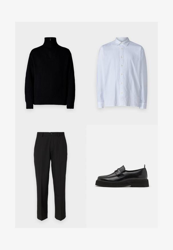 Suéter negro de cuello alto de canalé con media cremallera en el cuello, presenta mangas largas y un ajuste relajado. La textura es suave y gruesa.; Camisa blanca de botones, fabricada con un tejido ligero, que cuenta con un collar puntiagudo, mangas largas y una fila de botones amarillos en el frente.; Pantalones negros de tela suave, con un diseño de pierna recta, bolsillos delanteros, un cierre de botón y sin patrones visibles.; Zapatos estilo mocasín de cuero negro con suela plana y texturizada, con puntera cosida y una correa a lo largo del empeine.