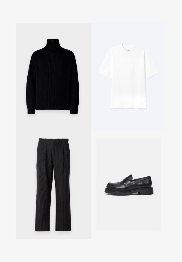 Sort ribbet turtleneck sweater med en halvmåne lynlås ved kraven, der har lange ærmer og en afslappet pasform. Teksturen er blød og chunky.; Enkel hvid T-shirt med korte ærmer og rund hals med afslappet pasform, vist på en lys baggrund.; Jack & Jones JPSTBILL JJDAYTONA WIDE CHINO - Chino - black; Sort læderloafer med tyk rillede sål og penny-remdetalje, vist i højre sideprofil på hvid baggrund.