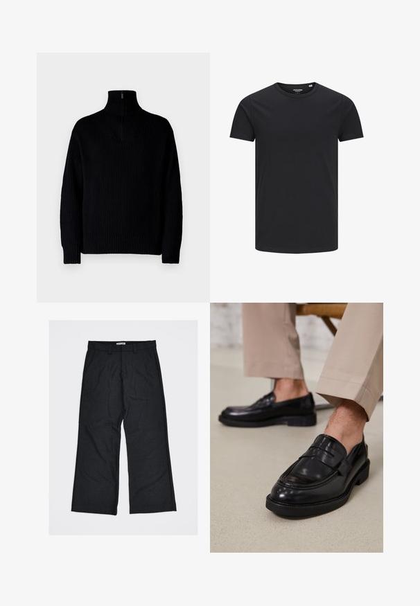Suéter negro de cuello alto de canalé con media cremallera en el cuello, presenta mangas largas y un ajuste relajado. La textura es suave y gruesa.; Camiseta de algodón negra con cuello redondo, mangas cortas y un diseño sencillo. Textura suave, sin patrones ni herrajes visibles.; Pantalones anchos de pierna de color gris oscuro con una tela texturizada, dos bolsillos delanteros y trabillas para cinturón. La etiqueta dice "United Loneliness".; Mocasines de cuero negro con un acabado suave, que cuentan con una correa decorativa y costuras en contraste, combinados con pantalones beiges.