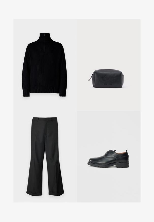 Sort ribbet turtleneck sweater med en halvmåne lynlås ved kraven, der har lange ærmer og en afslappet pasform. Teksturen er blød og chunky.; Sorte vide benbukser med knappet talje og opslåede ben, præsenteret mod en ensfarvet hvid baggrund.; Sorte læder derby-sko med en glat overflade, rund tå, snøre-design og en tyk, robust gummisål.; Sort rektangulær lædertoilettaske med lynlås og præget brandnavn foran, sat mod en ensartet hvid baggrund.