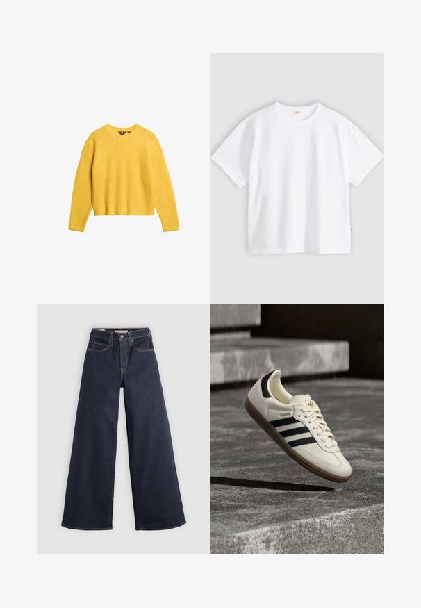 Suéter amarillo de punto acanalado con mangas largas y escote redondo. Presenta un corte corto y una tela texturizada. Sin botones ni acentos adicionales.; Camiseta blanca de algodón con mangas cortas, cuello redondo, ajuste holgado, textura suave y una pequeña etiqueta con logotipo en la costura del lado izquierdo.; Jeans de denim de pierna ancha en azul oscuro con costuras en contraste. Presenta un diseño tradicional de cinco bolsillos y un cierre de botón en la cintura.; Zapatilla blanca Adidas Samba con franjas negras y suela de goma, flotando sobre escalones de hormigón gris texturizado.