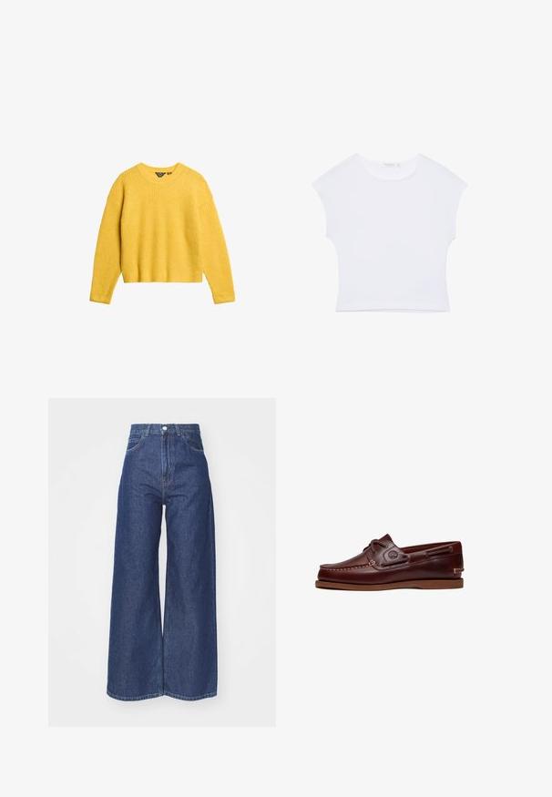 Gul ribstrikket sweater med lange ærmer og rund halsudskæring. Har en cropped pasform og tekstureret stof. Ingen knapper eller yderligere detaljer.; Hvid kortærmet cropped T-shirt med rund halsudskæring, lavet af glat stof, lagt fladt på en hvid baggrund.; Bredde ben jeans lavet af mørkeblå denim. Høj talje med lynlås og knaplukning. Har klassisk fem-lomme stil og omfoldede kanter.; Brun læder bådsko med snørre, syningsdetaljer og Timberland-logo på siden, vist på en hvid baggrund.