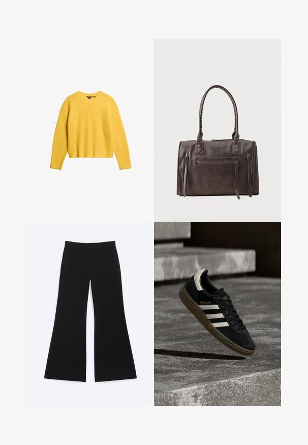 Gul ribstrikket sweater med lange ærmer og rund halsudskæring. Har en cropped pasform og tekstureret stof. Ingen knapper eller yderligere detaljer.; Sorte bukser med vide ben, bæltestropper og sidelommer, vist fladt på en hvid baggrund.; Sort Adidas-sneaker med hvide striber og gummisåler, svævende over grå betontrapper i naturligt lys.; Mørkebrun læderhåndtaske med dobbelte håndtag, front lynlåslomme og to lodrette lynlåsdetaljer på siden på en hvid baggrund.