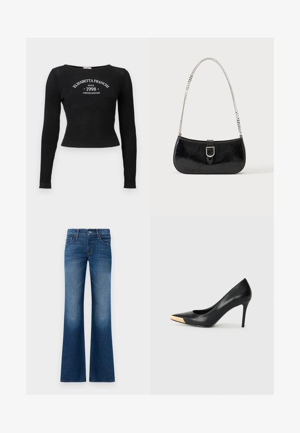 Haut noir en tricot côtelé à manches longues avec un col rond et un texte graphique blanc indiquant "ELISABETTA FRANCHI SINCE 1998 LIMITED EDITION".; Jean pattes d'eph en denim bleu foncé, avec une texture lisse, un design à cinq poches, une fermeture à bouton à l'avant et un léger délavage près de l'ourlet.; Pompe à talon haut en cuir noir avec bout pointu ; présente une accentuation métallique dorée sur le capuchon. Surface lisse avec un design épuré.; Sac à épaule en cuir verni noir avec détail de boucle argentée et bandoulière en chaîne argentée, présenté sur un fond uni clair.