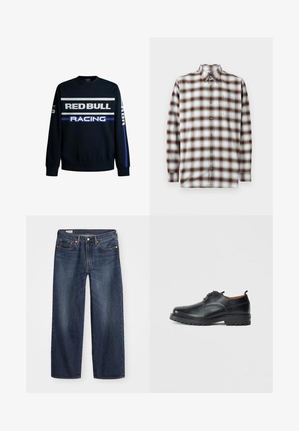 Marineblå sweatshirt med "RED BULL" og "RACING" tekst i hvid og lilla. Har ensfarvede ærmer og ribbede manchetter, lavet af blødt strikmateriale.; Langærmet skjorte med knap i brune, hvide og lyseblå ternmønster, med en knapkrave og brystlomme på en ensfarvet baggrund.; Mørkeblå denim jeans med lige ben, fem-lomme design, metalknap og lynlåsgylf samt subtile slidmærker.; Sorte læder derby-sko med en glat overflade, rund tå, snøre-design og en tyk, robust gummisål.