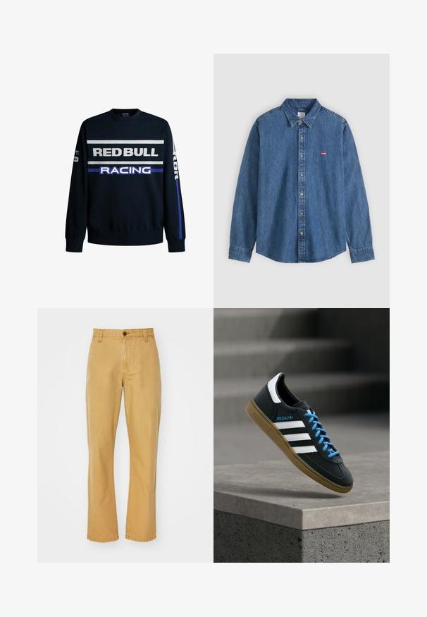 Sudadera azul marino con texto en blanco y morado que dice "RED BULL" y "RACING". Presenta mangas lisas y puños de canalé, fabricada en un material de tejido suave.; Camisa vaquera azul de manga larga con cuello y botones beige, con un pequeño logo rojo de Levi's en el pecho izquierdo.; Chinos de algodón beige con corte recto, que presentan un cierre de botón, presillas para cinturón y detalles cosidos en el dobladillo.; Zapatilla negra Adidas con franjas blancas, cordones azules y suela de goma flotando sobre un escalón de hormigón gris con luz suave.