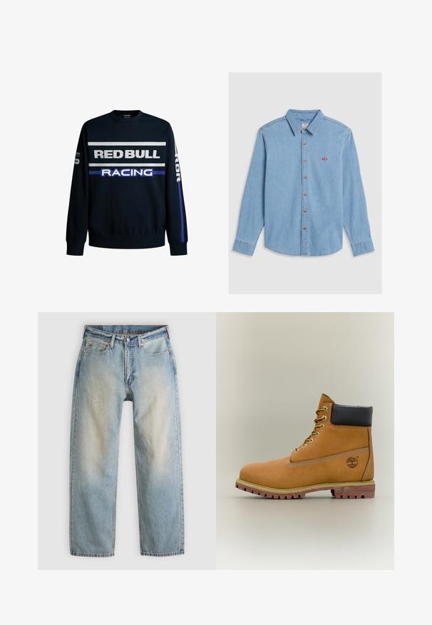 Marineblå sweatshirt med "RED BULL" og "RACING" tekst i hvid og lilla. Har ensfarvede ærmer og ribbede manchetter, lavet af blødt strikmateriale.; Lyseblå denimskjorte med lange ærmer, knaplukning foran og spidse kraver. Har brune knapper og et lille rødt logo-patch.; Lyseblå denimjeans med afslappet pasform, mellem vask, lige ben, kobbernitter og klassisk fem-lomme-design.; Brun læderankelstøvle med sort krave, gule snørebånd og tanfarvet sål. Har logo og hvide syninger som detalje. Robust ydersål med greb.