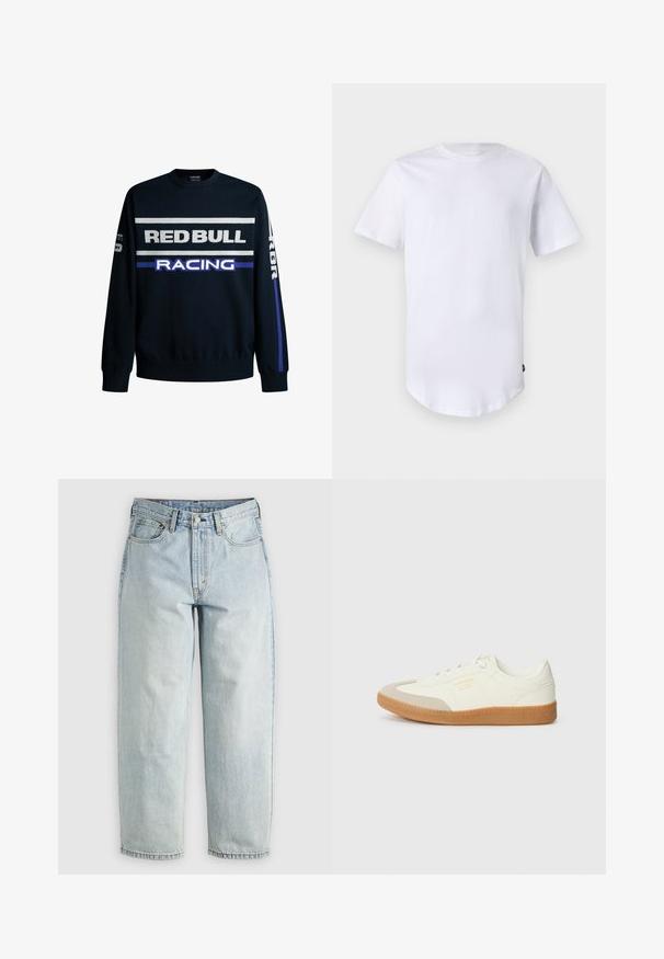 Sudadera azul marino con texto en blanco y morado que dice "RED BULL" y "RACING". Presenta mangas lisas y puños de canalé, fabricada en un material de tejido suave.; Camiseta blanca de manga corta hecha de algodón. Diseño de cuello redondo con dobladillo curvado. Etiqueta visible en el lado inferior izquierdo. Textura suave.; Jeans de mezclilla azul claro con pierna recta, cinco bolsillos y cierre de botón; presentan áreas desgastadas y sutiles detalles de costura.; Zapatilla de cuero blanca con puntera beige y suela de goma marrón claro. Presenta cordones planos blancos y una marca en relieve en el lateral.