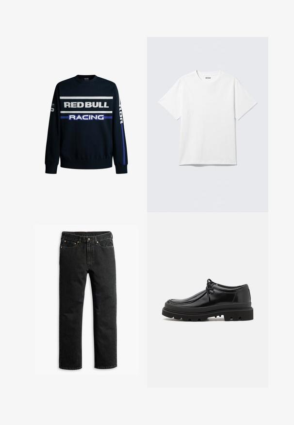 Marineblå sweatshirt med "RED BULL" og "RACING" tekst i hvid og lilla. Har ensfarvede ærmer og ribbede manchetter, lavet af blødt strikmateriale.; Hvid kortærmet crewneck T-shirt lagt fladt ud, ensfarvet design, med "WEEKDAY" mærkat inde i kraven på en lys baggrund.; Sorte lige ben denim jeans med fem lommer, bæltestropper og en knaplukning i taljen, lagt fladt på en hvid baggrund.; Sorte læder derby-sko med et strømlinet design, rund tå og struktureret gummisål med dybe riller for bedre greb.