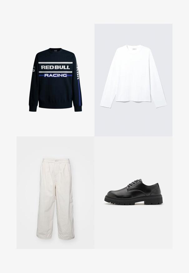 Marineblå sweatshirt med "RED BULL" og "RACING" tekst i hvid og lilla. Har ensfarvede ærmer og ribbede manchetter, lavet af blødt strikmateriale.; Almindelig hvid langærmet T-shirt med rund hals og løs pasform samt synligt mærke ved kraven, lagt fladt på en lys baggrund.; Hvide bomulds bukser med brede ben og elastisk talje, med en frontknaplukning og sidelommer. Glat tekstur og minimalistisk design.; Sorte lædersko med rund tå, snørelukning og en tykk, struktureret gummisål. Har syninger langs kanten og en glat overflade.