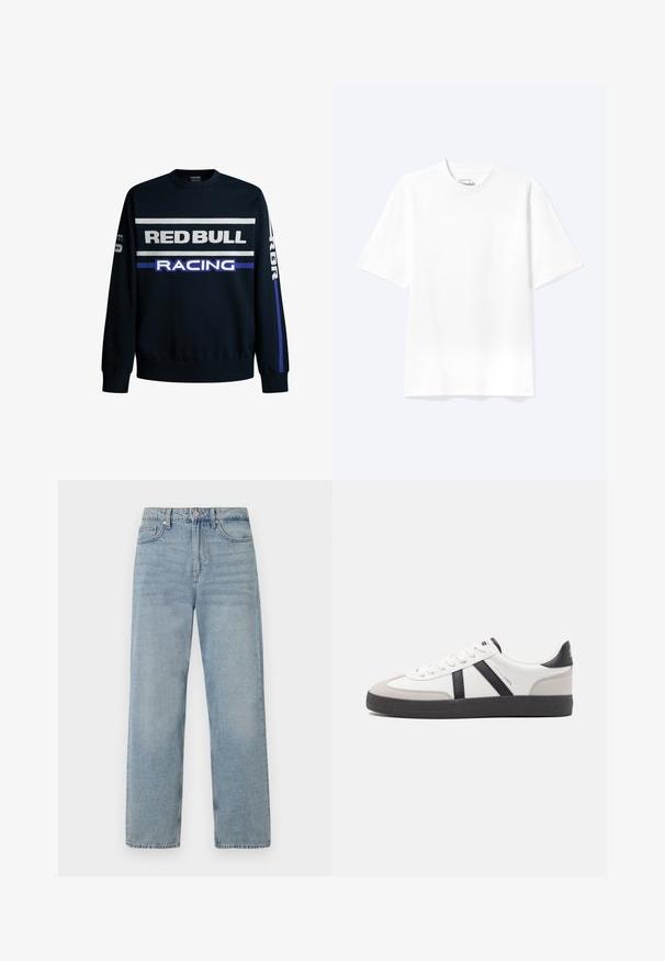 Marineblå sweatshirt med "RED BULL" og "RACING" tekst i hvid og lilla. Har ensfarvede ærmer og ribbede manchetter, lavet af blødt strikmateriale.; Enkel hvid T-shirt med korte ærmer og rund hals med afslappet pasform, vist på en lys baggrund.; Lys blå denim jeans med høj talje, lige ben-design, fem-lommes styling og subtil falming for et slidt udseende.; Hvide sneakers med sorte og grå detaljer, med en tekstureret grå tåhætte, sort gummisål og flade hvide snørebånd. Rent design, minimalistisk stil.