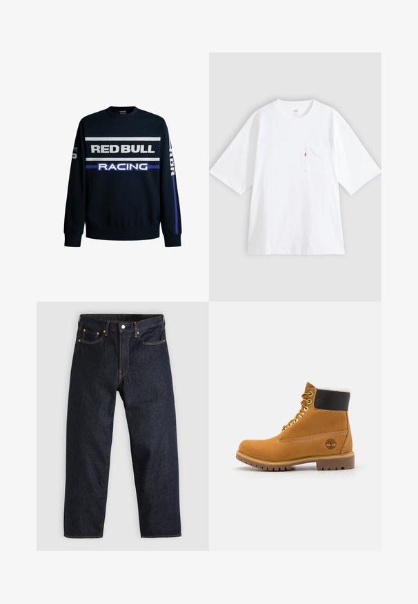 Marineblaues Sweatshirt mit dem Text "RED BULL" und "RACING" in Weiß und Lila. Verfügt über einfarbige Ärmel und gerippte Bündchen, hergestellt aus weichem Strickmaterial.; Weißes Baumwoll-T-Shirt mit kurzen Ärmeln, rundem Ausschnitt und Brusttasche auf der linken Seite. Mit kleinem rotem Logotag an der Tasche.; Dunkelblaue Jeans aus Denim mit geradem Schnitt, fünf Taschen, kontrastierenden orangen Nähten und einem Knopfverschluss. Keine sichtbaren Muster oder Verzierungen.; Braune Leder-Ankle-Boots mit Metallösen, weißem Kunstfellfutter, schwarzem gepolstertem Kragen, robustem Sohlenprofil und geprägtem Logo an der Seite.