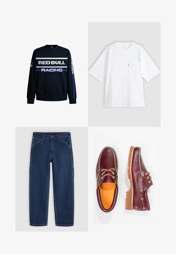 Sudadera azul marino con texto en blanco y morado que dice "RED BULL" y "RACING". Presenta mangas lisas y puños de canalé, fabricada en un material de tejido suave.; Camiseta blanca de algodón con mangas cortas, cuello redondo y bolsillo en el pecho izquierdo. Presenta una pequeña etiqueta con logo rojo en el bolsillo.; Vaqueros de mezclilla azul oscuro de corte recto, con cierre frontal de botón y cremallera, bolsillos delanteros en ángulo y costuras blancas visibles.; Zapatos de cuero burdeos con suelas de goma marrón, puntera redonda, costuras blancas y ojales dorados. El interior cuenta con un forro amarillo.