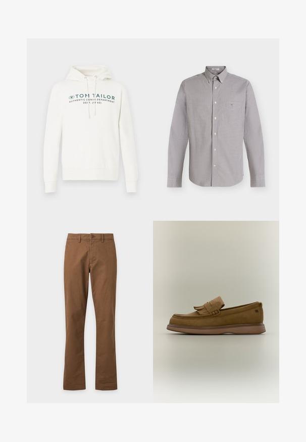 Witte hooded sweatshirt met een kangoeroezak, voorzien van een voorste grafische print in donkerblauwgroen en verstelbare koordjes op de capuchon.; Overhemd met lange mouwen, knoopsluiting, een klein zwart-wit geruit patroon en een borstzakje voorop op een lichte achtergrond.; Bruine broek met rechte pijpen, een knoop aan de voorkant en riemlussen op een effen witte achtergrond.; Bruine leren loafer met franjes bovenop en een dikke rubberen zool op een effen lichte achtergrond.