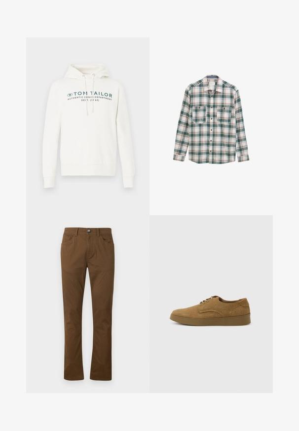 Hvid hætte sweatshirt med kengurulomme, udstyret med en frontal grafisk print i mørk teal og justerbare snore i hætten.; Langærmet skjorte med knapper i grøn, hvid og rød plaidmønster, to knaplukket brystlommer foran og klassisk krave.; Brune lige bukser med forknytte og lynlås, for- og baglommer samt bæltestropper.; Brun ruskindslærredsko med snørebånd og flad gummisål, set fra siden på en ensfarvet lys baggrund.