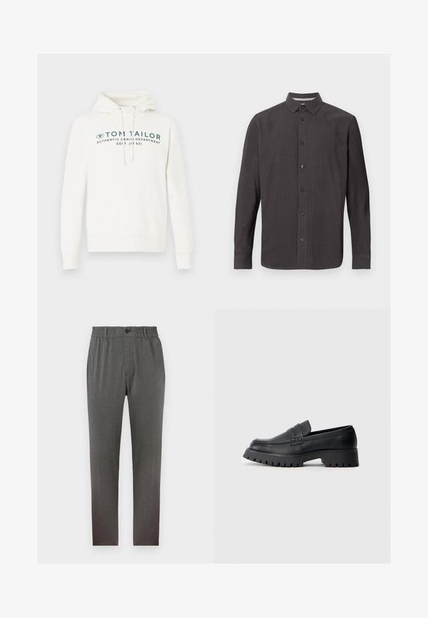 Hvid hætte sweatshirt med kengurulomme, udstyret med en frontal grafisk print i mørk teal og justerbare snore i hætten.; Langærmet skjorte med knapper i mørkt ternet mønster. Har en klassisk krave, brystlomme og sorte knapper. Lavet af letvægtsstof.; Grå bukser med en skræddersyet design, der har elastisk talje, knaplukning og lige ben; lavet af blødt, struktureret stof.; Sorte læder loafers med en rund tå, prydet med en dekorativ rem og en kraftig gummisål med dybe riller for grip.