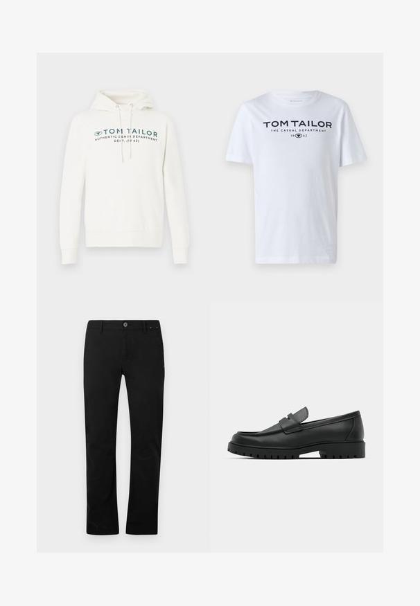 Hvid hætte sweatshirt med kengurulomme, udstyret med en frontal grafisk print i mørk teal og justerbare snore i hætten.; Hvid bomulds t-shirt med rund hals, korte ærmer og navy tekst, der læser "TOM TAILOR THE CASUAL DEPARTMENT 1962."; Sorte lige bukser med knap- og lynlåslukning, bæltestropper og sidelommer, præsenteret på en hvid baggrund.; Sorte læder loafers med rund tå, der har et syet design, lav platformssål og en struktureret, skridsikker gummisål.