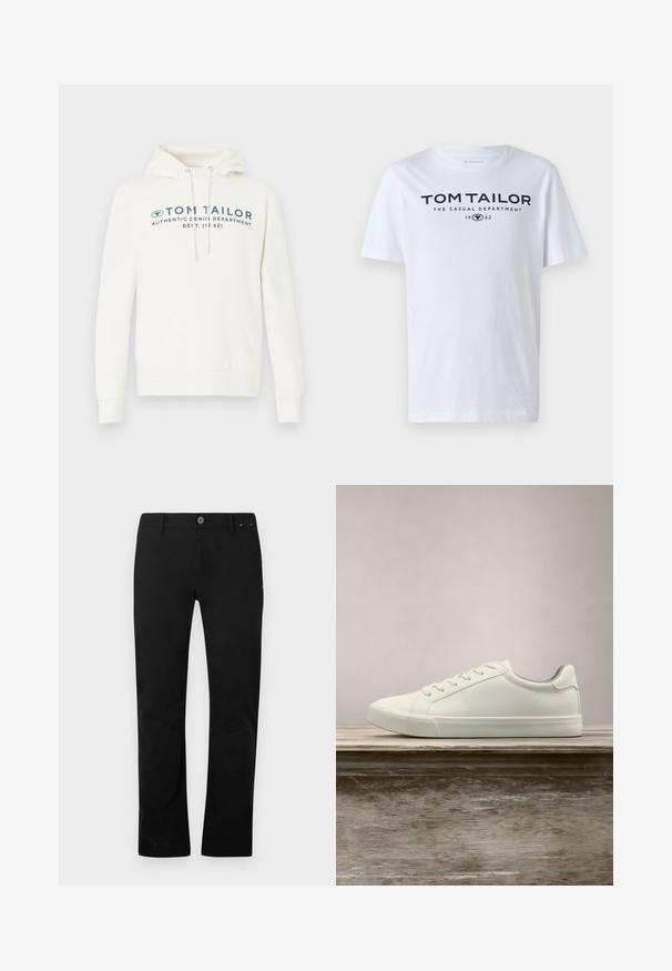 Hvid hætte sweatshirt med kengurulomme, udstyret med en frontal grafisk print i mørk teal og justerbare snore i hætten.; Hvid bomulds t-shirt med rund hals, korte ærmer og navy tekst, der læser "TOM TAILOR THE CASUAL DEPARTMENT 1962."; Sorte lige bukser med knap- og lynlåslukning, bæltestropper og sidelommer, præsenteret på en hvid baggrund.; Hvide snørresneakers svævende over en træbænk med grønne planter i baggrunden, der fremhæver skodesign og tekstur.