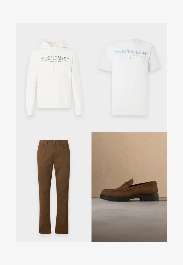 Hvid hætte sweatshirt med kengurulomme, udstyret med en frontal grafisk print i mørk teal og justerbare snore i hætten.; Hvid bomulds-T-shirt med et lyseblåt print med teksten "TOM TAILOR," "THE CASUAL DEPARTMENT" og "1962." Klassisk rund halsudskæring og korte ærmer.; Brune lige bukser med forknytte og lynlås, for- og baglommer samt bæltestropper.; Mørkebrune læderloafer med tyk sort gummisål vist over en beige tæppe- og sofa baggrund.