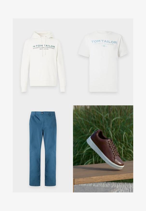 Hvid hætte sweatshirt med kengurulomme, udstyret med en frontal grafisk print i mørk teal og justerbare snore i hætten.; Hvid bomulds-T-shirt med et lyseblåt print med teksten "TOM TAILOR," "THE CASUAL DEPARTMENT" og "1962." Klassisk rund halsudskæring og korte ærmer.; TOM TAILOR REGULAR WASHED - Chino - real teal blue; Brune lædersneakers med hvid gummisål, snørebåndsdesign, glat tekstur, afrundet tå og diskrete syninger.