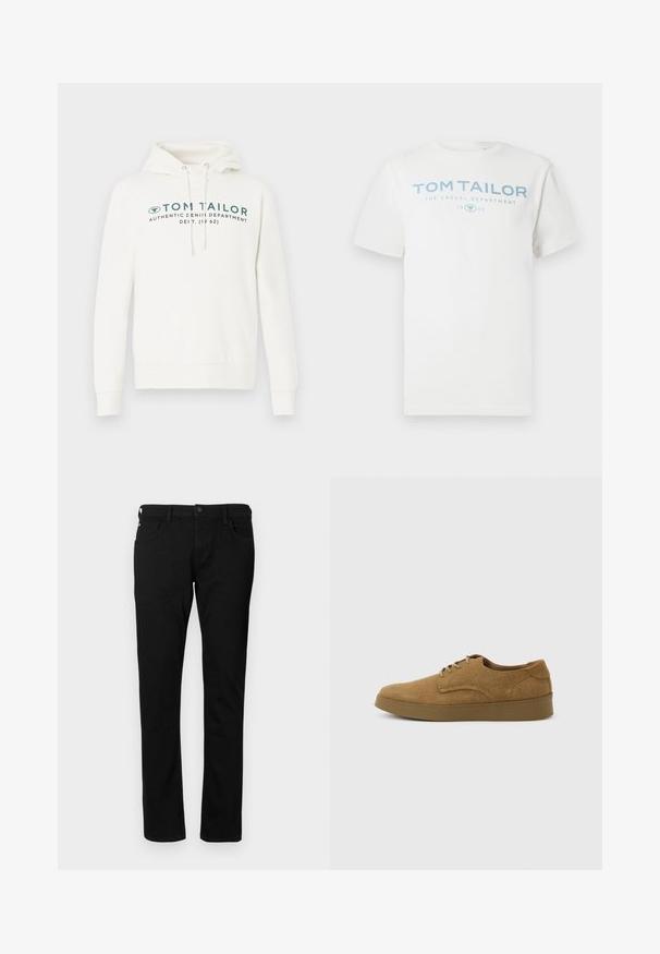 Witte hooded sweatshirt met een kangoeroezak, voorzien van een voorste grafische print in donkerblauwgroen en verstelbare koordjes op de capuchon.; Wit katoenen t-shirt met een lichtblauwe opdruk met de tekst "TOM TAILOR," "THE CASUAL DEPARTMENT" en "1962." Klassieke ronde hals en korte mouwen.; Zwarte denim jeans met een slim fit, voorzien van voorzakken, riemlussen en een knoopsluiting. Soepele textuur met een effen kleur.; Bruine suède veterschoen voor vrijetijdskleding met een platte rubberen zool, zijaanzicht tegen een eenvoudige lichte achtergrond.