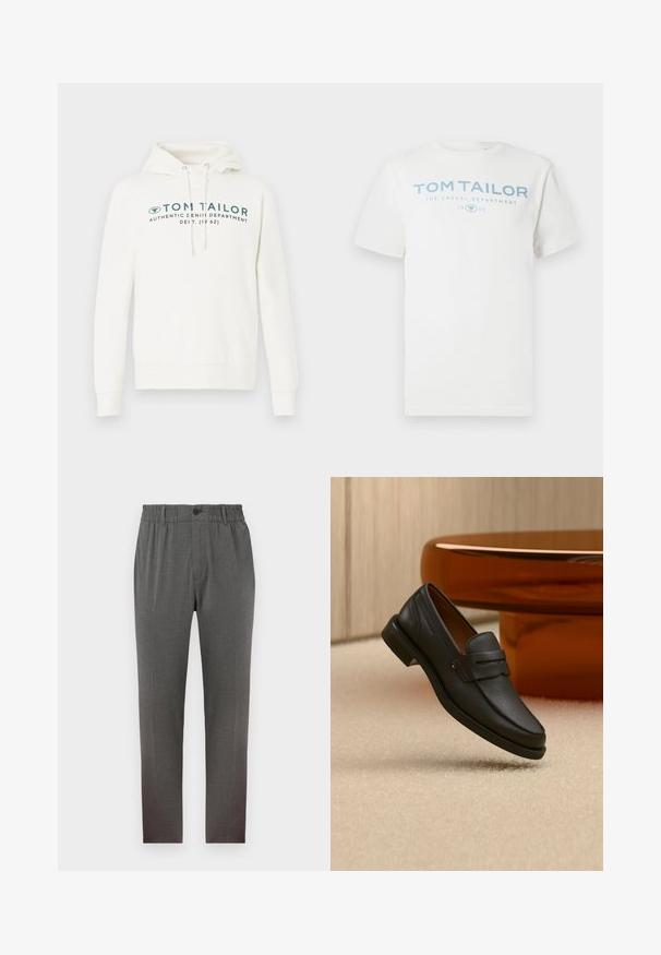 Hvid hætte sweatshirt med kengurulomme, udstyret med en frontal grafisk print i mørk teal og justerbare snore i hætten.; Hvid bomulds-T-shirt med et lyseblåt print med teksten "TOM TAILOR," "THE CASUAL DEPARTMENT" og "1962." Klassisk rund halsudskæring og korte ærmer.; Grå bukser med en skræddersyet design, der har elastisk talje, knaplukning og lige ben; lavet af blødt, struktureret stof.; Sort læder herreloafer med bånd tværs over toppen, vist på beige tæppe nær et brunt moderne rundt bord.