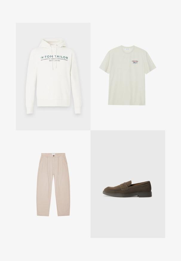 Hvid hætte sweatshirt med kengurulomme, udstyret med en frontal grafisk print i mørk teal og justerbare snore i hætten.; Lysecremet bomulds t-shirt med korte ærmer. Har et lille blåt og rødt grafisk motiv af en marlin samt teksten "MARLIN TROPHY".; Beige løstsiddende bukser med frontknap og lynlås, sidelommer og bæltestropper, lagt fladt på en hvid baggrund.; Brune ruskinds loafers med en rund tå, en rem over forfoden og en flad gummisål. Enkel design med rene linjer og minimal dekoration.