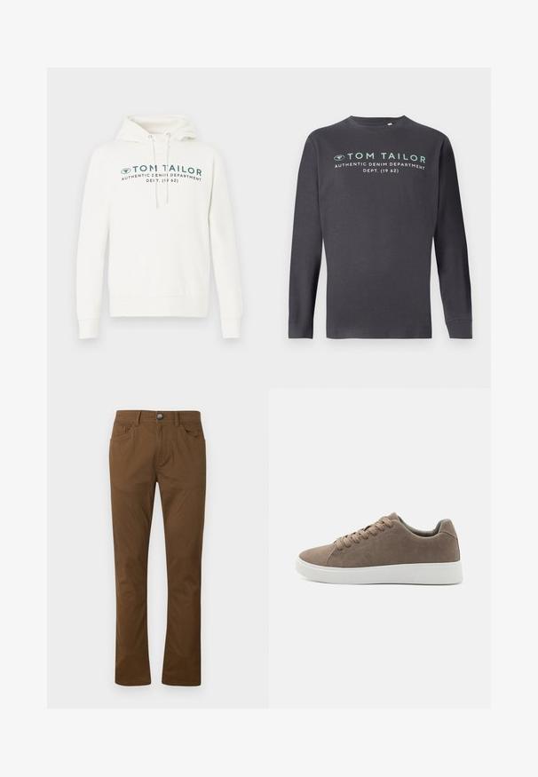 Hvid hætte sweatshirt med kengurulomme, udstyret med en frontal grafisk print i mørk teal og justerbare snore i hætten.; TOM TAILOR PRINTED - Langærmet T-shirt - tarmac grey; Brune lige bukser med forknytte og lynlås, for- og baglommer samt bæltestropper.; Brune ruskinds sneakers med flade hvide gummisåler, snørelukning, rund tå og en glat overflade. Minimalistisk stil med diskrete syninger.