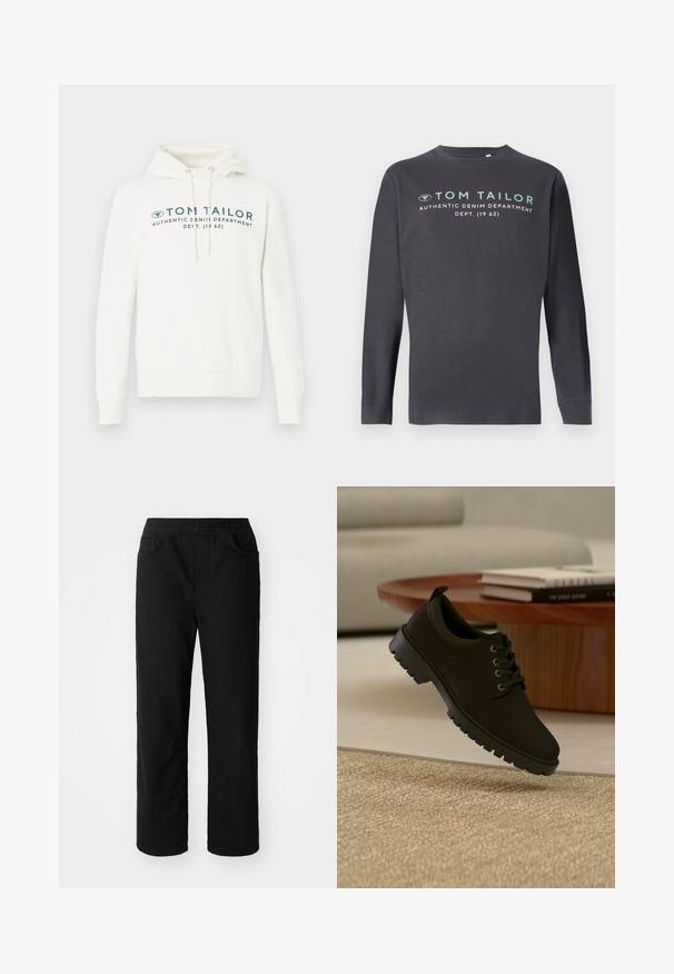 Hvid hætte sweatshirt med kengurulomme, udstyret med en frontal grafisk print i mørk teal og justerbare snore i hætten.; TOM TAILOR PRINTED - Langærmet T-shirt - tarmac grey; Sorte bomuldsbukser med en afslappet pasform, elastisk talje, to frontlommer og lige ben. Glat tekstur uden synlige mønstre.; sort læder snørestøvle med chunky sål svæver over en beige tæppe i en minimalistisk stueindretning