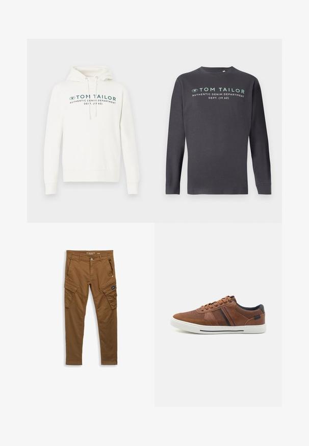 Hvid hætte sweatshirt med kengurulomme, udstyret med en frontal grafisk print i mørk teal og justerbare snore i hætten.; TOM TAILOR PRINTED - Langærmet T-shirt - tarmac grey; Brune lige cargo bukser med frontknap, bælte-loops, sidelommer og baglommer samt klaplukninger på lommen på låret.; Brune lædersneakers med en glat overflade, hvid gummisål, sorte accenter og dekorativ syning med sidelæg.