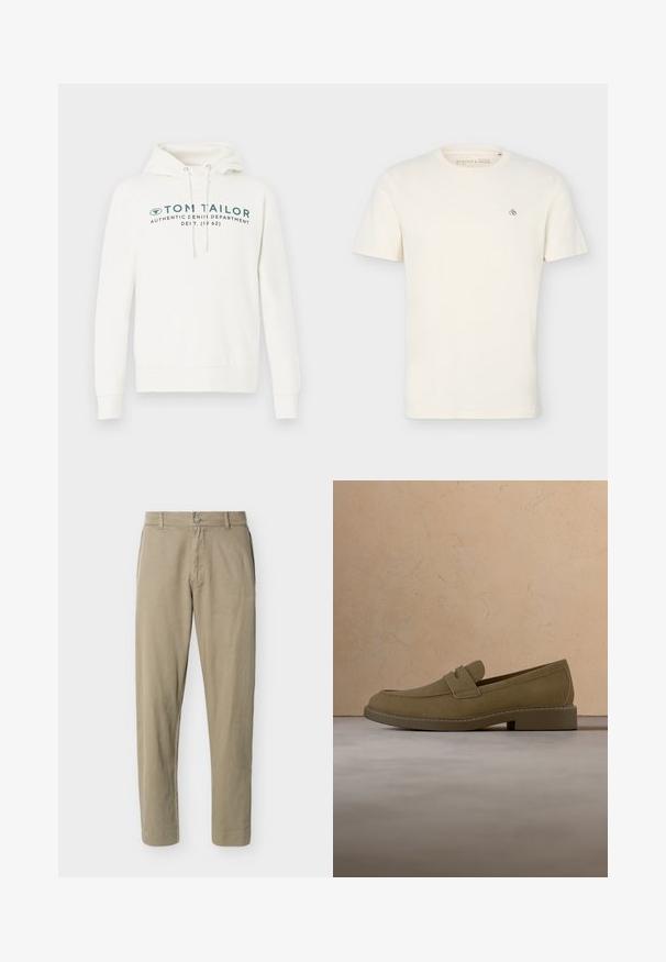 Hvid hætte sweatshirt med kengurulomme, udstyret med en frontal grafisk print i mørk teal og justerbare snore i hætten.; Simpel off-white t-shirt med korte ærmer og rund halsudskæring med en lille "Scotch & Soda" logo på øverste venstre bryst.; Beige bomuldsbukser med lige ben, bæltestropper, forreste knap og lynlås, vist mod en ensfarvet hvid baggrund.; Brun mokkalærreds loafersko svæver over et tekstureret beige tæppe i en stue med et træ sofabord og stabler af bøger.