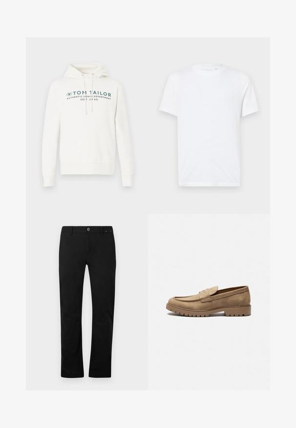 Hvid hætte sweatshirt med kengurulomme, udstyret med en frontal grafisk print i mørk teal og justerbare snore i hætten.; Hvid bomulds t-shirt med rund halsudskæring og korte ærmer. Har et lille, præget logo på venstre bryst. Glat tekstur.; Sorte lige bukser med knap- og lynlåslukning, bæltestropper og sidelommer, præsenteret på en hvid baggrund.; Tan mockasiner i ruskind med rund tå, flad gummisål og dekorative syninger på overdelen. Har et slip-on design uden snørebånd.