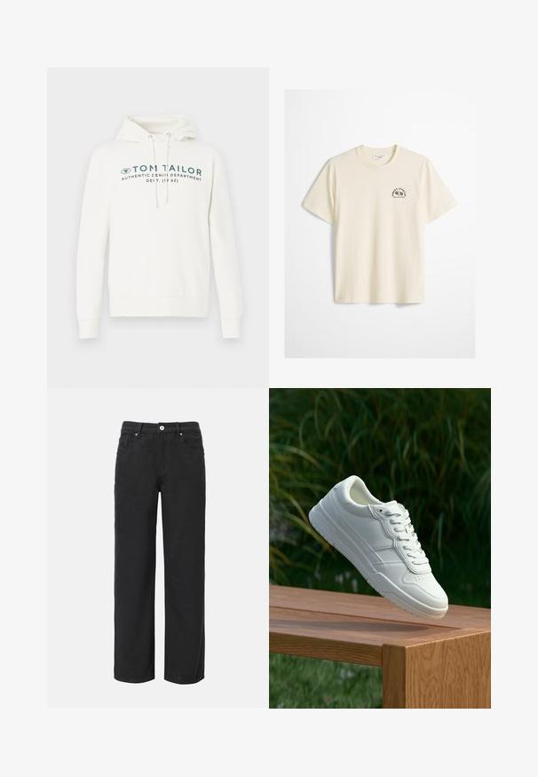 Witte hooded sweatshirt met een kangoeroezak, voorzien van een voorste grafische print in donkerblauwgroen en verstelbare koordjes op de capuchon.; Wit katoenen T-shirt met korte mouwen, ronde hals en een klein zwart sportlogo op de linkerborst met de tekst "MOPD SPORTS MARC O'POLO DENIM."; Zwarte wijde broek van katoen met vier zakken, sluiting met een knoop aan de voorkant en een klassiek denim ontwerp. Soepele textuur, geen zichtbare patronen.; Witte leren sneaker met een gladde textuur, voorzien van een geperforeerd ontwerp, klassieke vetersluiting en rubberen zool, gepositioneerd boven een houten oppervlak.