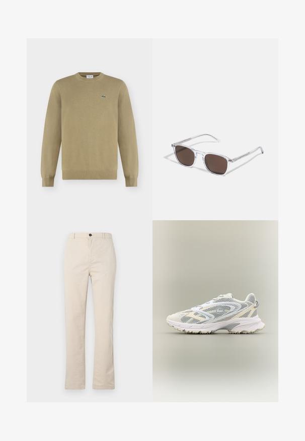 Pull beige à manches longues avec col rond, poignets et ourlet côtelés, avec un petit logo crocodile vert brodé sur le côté gauche de la poitrine.; Pantalons en coton beige clair avec une coupe droite, dotés d'une fermeture à bouton à l'avant, d'une braguette zippée et de détails de couture minimalistes.; Chaussure de sport blanche avec des panneaux en mesh gris, des superpositions texturées, un col rembourré et une semelle en caoutchouc dotée de petites pointes de traction.; Lunettes de soleil en plastique transparent avec des verres marron rectangulaires, dotées de branches fines et transparentes ainsi que d'accents en métal sur les tempes.