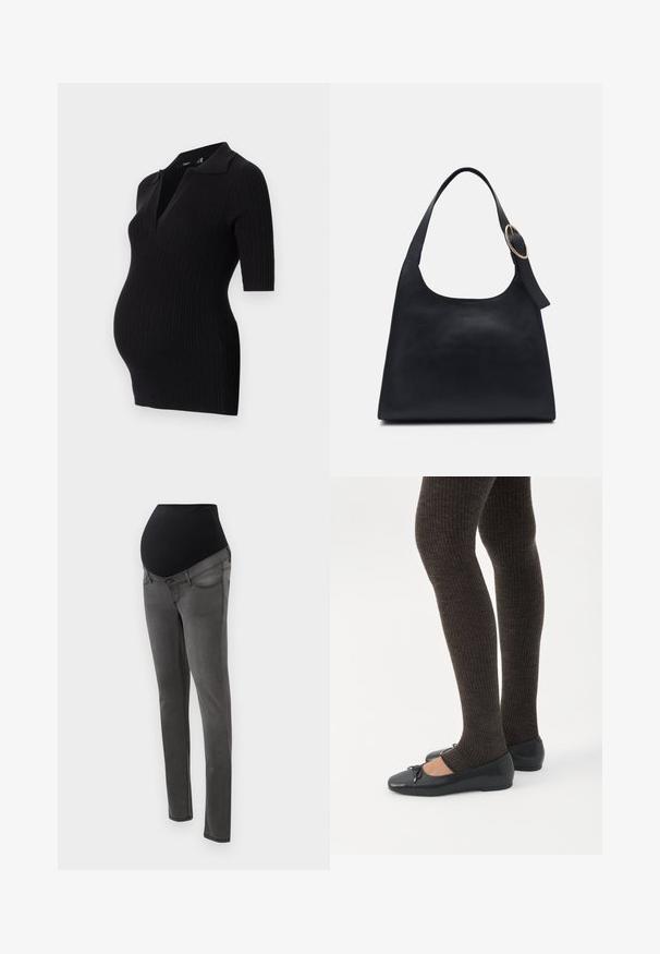 Zwarte geribbelde zwangerschapsjurk met een korte polo kraag en korte mouwen, ontworpen om een groeiende buik te accommoderen.; Zwangerschapsjeans met een zwarte elastische tailleband, grijs denim lichaam, slim-fit ontwerp en zakken. Kenmerkt zich door een gladde textuur en strakke lijnen.; Benen met donkere geribbelde leggings gecombineerd met zwarte ballerina's met kleine strikdetails op een witte achtergrond.; Zwarte leren tote bag met een gladde textuur, ronde vorm en een enkele schouderband met een ronde gouden hardware accent.