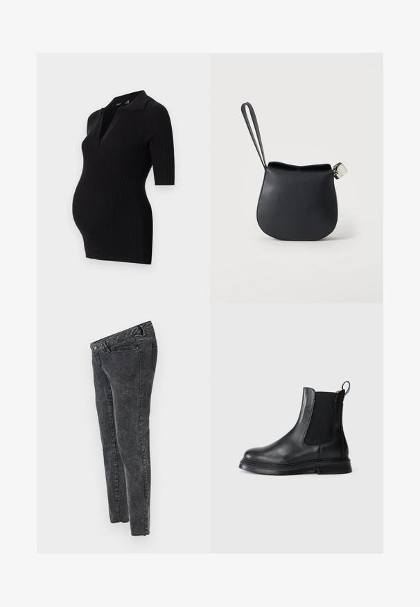 Čierne prešívané tehotenské šaty so skráteným golierom a krátkymi rukávmi, navrhnuté na prispôsobenie sa rastúcemu bruchu.; MAMALICIOUS Slim fit Mid waist Raw hems - Slimfit džínsy - grey denim; Čierne kožené Chelsea čižmy s elastickými bočnými panelmi, okrúhlou špičkou a textúrovanou čiernou gumovou podrážkou. Obsahujú pútko pre jednoduché obúvanie.; Čierne kožené puzdro na zápästie zaobleným dnom a striebornou sponou na jednoduchom bielom pozadí.