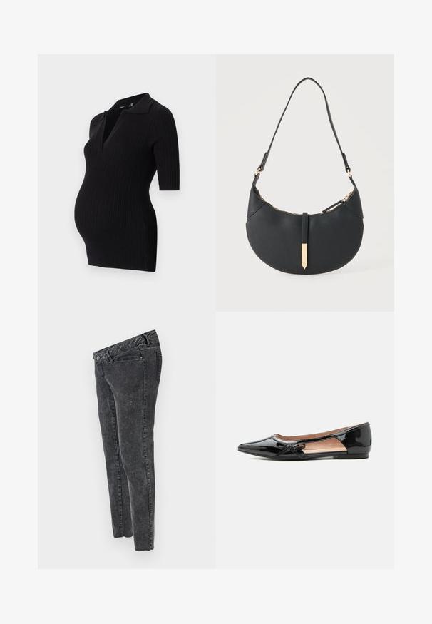 Musta ribbed äitiysmekko lyhyellä polo-kauluksella ja lyhyillä hihoilla, suunniteltu kasvavan vatsan mukauttamiseksi.; MAMALICIOUS Slim fit Mid waist Raw hems - Slim fit -farkut - grey denim; Musta kiiltonahkainen, kärjest terävä litteä kenkä, jossa sivuleikkaus ja pieni koristeellinen rusetti ulkoreunalla.; Musta puolikuun muotoinen käsilaukku, jossa on yksi olkahihna, kultainen vetoketju ja kullanvärinen suorakulmainen koristeellinen läppä edessä.