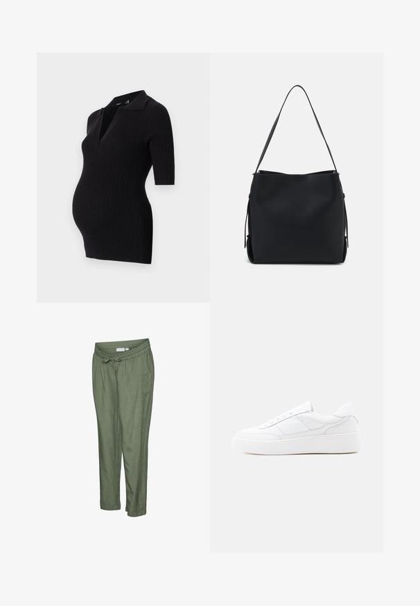 Sort ribbet graviddress med kort polo krave og korte ærmer, designet til at rumme en voksende mave.; Letvægtsbukser i olivengrøn med en afslappet pasform. Har elastisk talje med snøre, opbukket kant og sidelommer.; Hvid lavtop-sneaker med tyk sål, snørelukning og diskrete syningsdetaljer på en ensfarvet lys baggrund.; Pieces PCBONY - Håndtasker - black