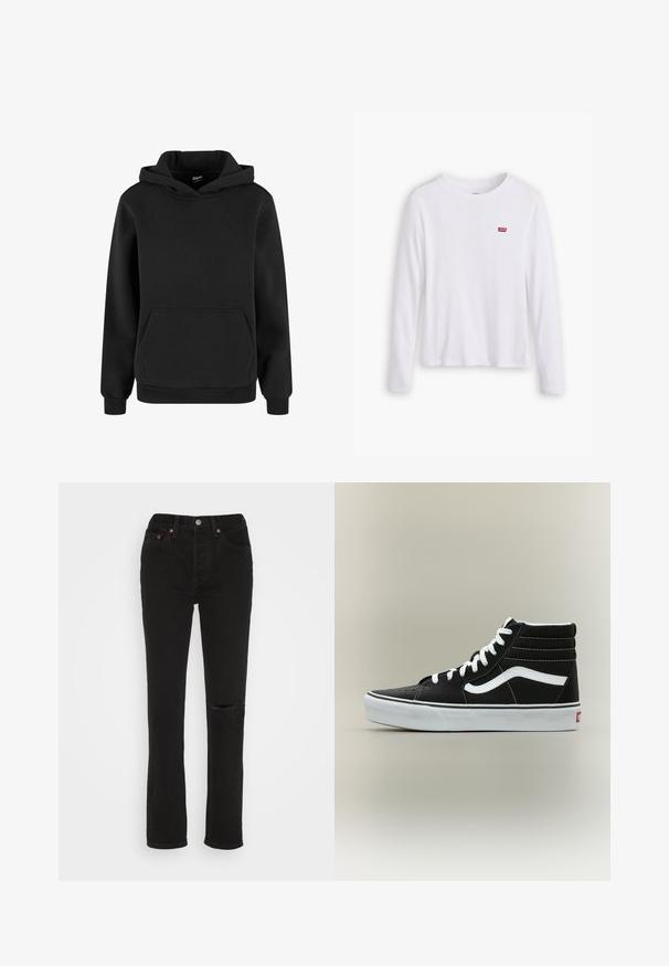 Sudadera negra con capucha, mangas largas y un bolsillo frontal tipo canguro, hecha de tela suave con puños y dobladillo acanalados.; Camisa blanca de manga larga hecha de suave algodón. Presenta un pequeñoLogo rojo de Levi's en el lado izquierdo del pecho. Diseño clásico de cuello redondo.; Jeans de denim negro con un diseño de pierna recta, que cuentan con un detalle de rodilla rasgada, cinco bolsillos y acentos de hardware en color cobre en la cinturilla.; Zapatilla negra de caña alta con cordones blancos, franja lateral blanca y suela blanca sobre un fondo claro y liso.